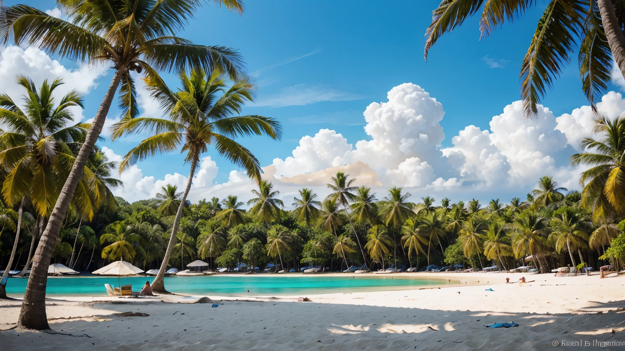 detailed high definition photo of a sunny beach in Jamaica, tropical paradise, golden sunlight, crystal clear turquoise water, swaying palm trees, beautiful blue sky with fluffy white clouds, tourists relaxing on the sand, Canon EOS Rebel T100 Camera, photorealistic, 8k, hyperrealistic, intricate details