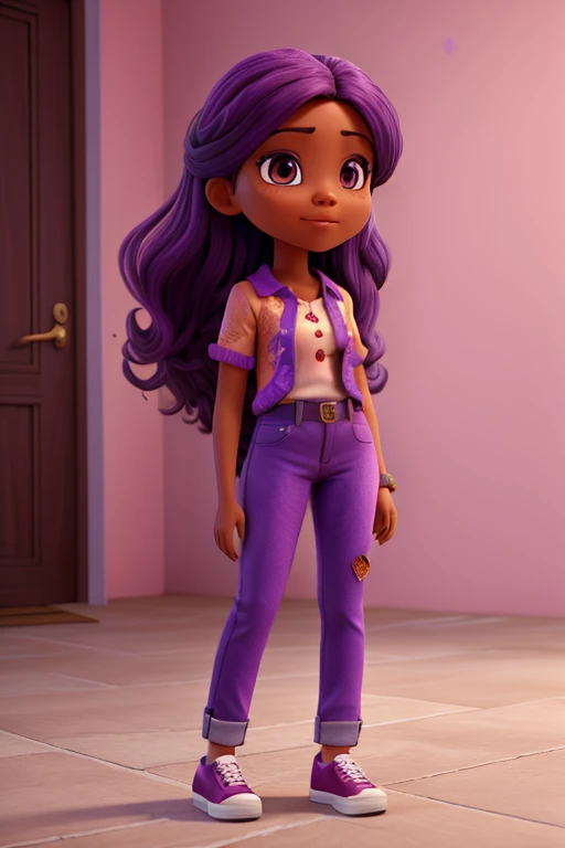  morena escura , de cabelos preto na altura do ombro,  lilac blouse with raspberry print , purple jeans and shoes. 4K, realista, High definition, 8K