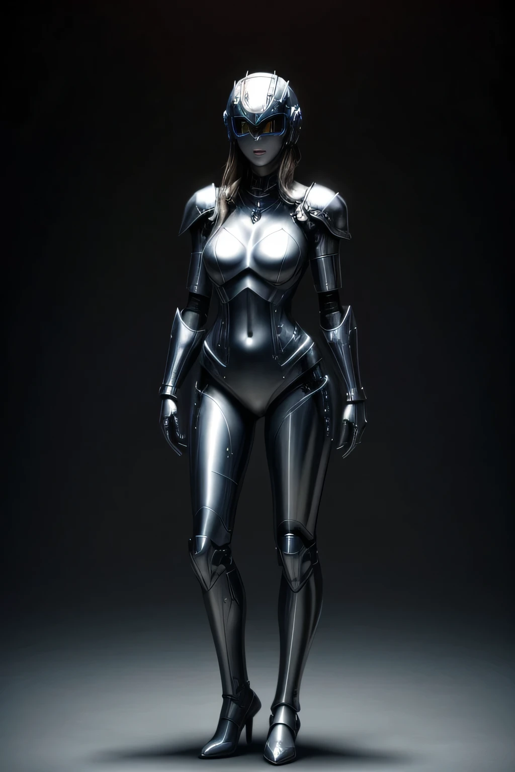 A female busty robot with blue metallic skin, BREAK red (chest armor:1.2), BREAK (silver beads of sweat of liquid metal on body:1.2), BREAK full body shot, future city, full face helmet