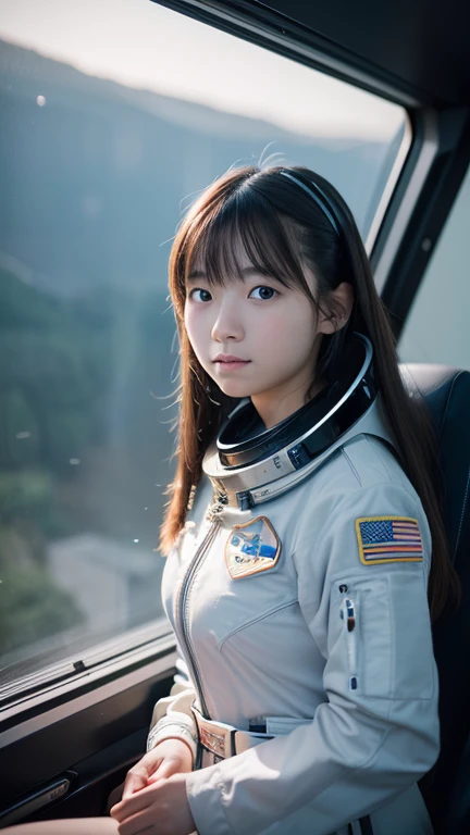 (8k, RAW photo, best quality, masterpiece:1.2), High detail RAW color photo, professional photograph, (realistic, photo realistic:1.37), ((best quality)),A beautiful japanese girl piloting an interplanetary space shuttle rocket,outer space, cockpit like a set from a science fiction movie,((the girl is 16 years old)),planets visible outside the window,