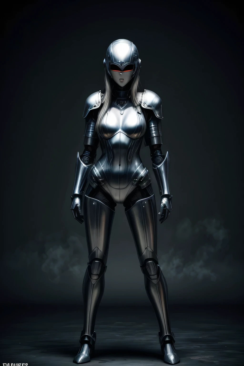 A female busty robot with blue metallic skin, BREAK red  (chest armor:1.2), BREAK (silver beads of sweat of liquid metal on body:1.2), BREAK full body shot, future city, full face helmet