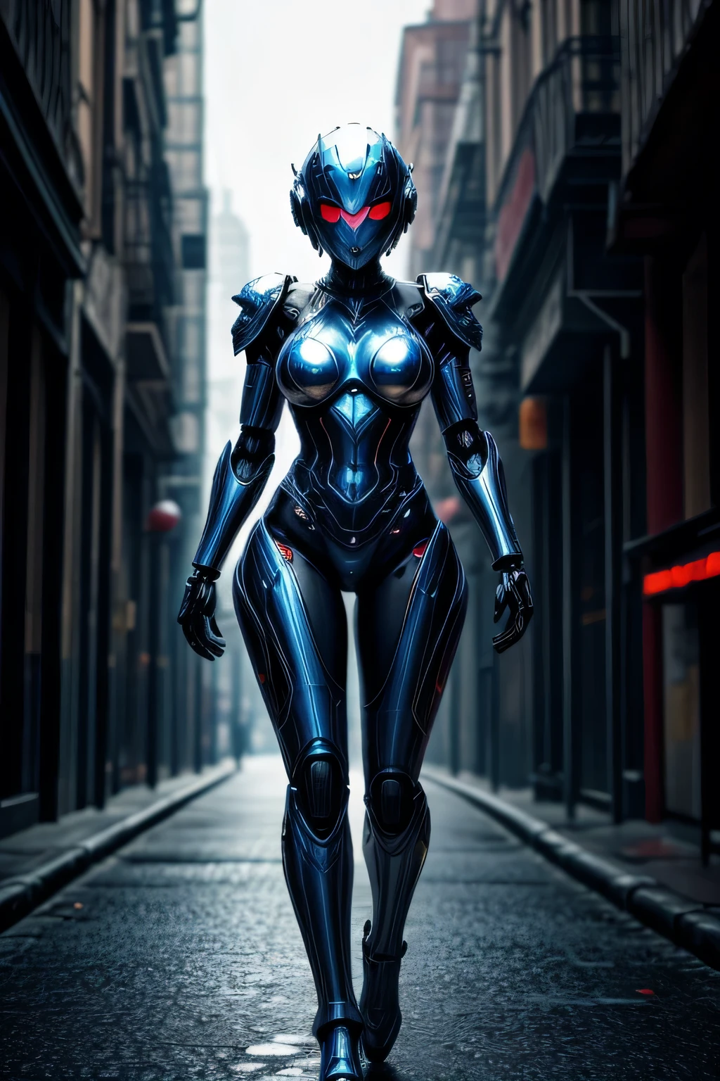 A busty female robot with blue metallic skin, ornate red chest armor, silver beads of liquid metal sweat on body, full body shot, futuristic city background, highly detailed face helmet