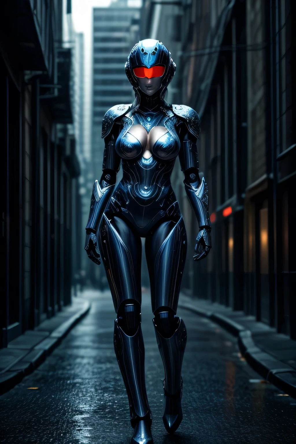 A busty female robot with blue metallic skin, ornate red chest armor, silver beads of liquid metal sweat on body, full body shot, futuristic city background, highly detailed face helmet