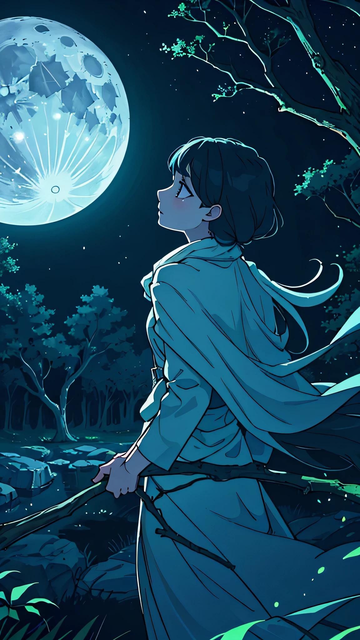 A tranquil nightscape unfolds under the watchful gaze of a luminous full moon, bathed in soft, vibrant colors. The moon, sharply focused, glows with an almost otherworldly intensity, casting long, detailed shadows across the landscape. Its beautiful, detailed craters are a testament to its celestial age.
The Earth below is a canvas illuminated by the moon's silvery light. amidst the vibrant, verdant foliage, one can spot the delicate, elongated lashes of silent, nocturnal creatures, their eyes glistening with a reflective sheen.
Two majestic trees, their branches reaching towards the moon,