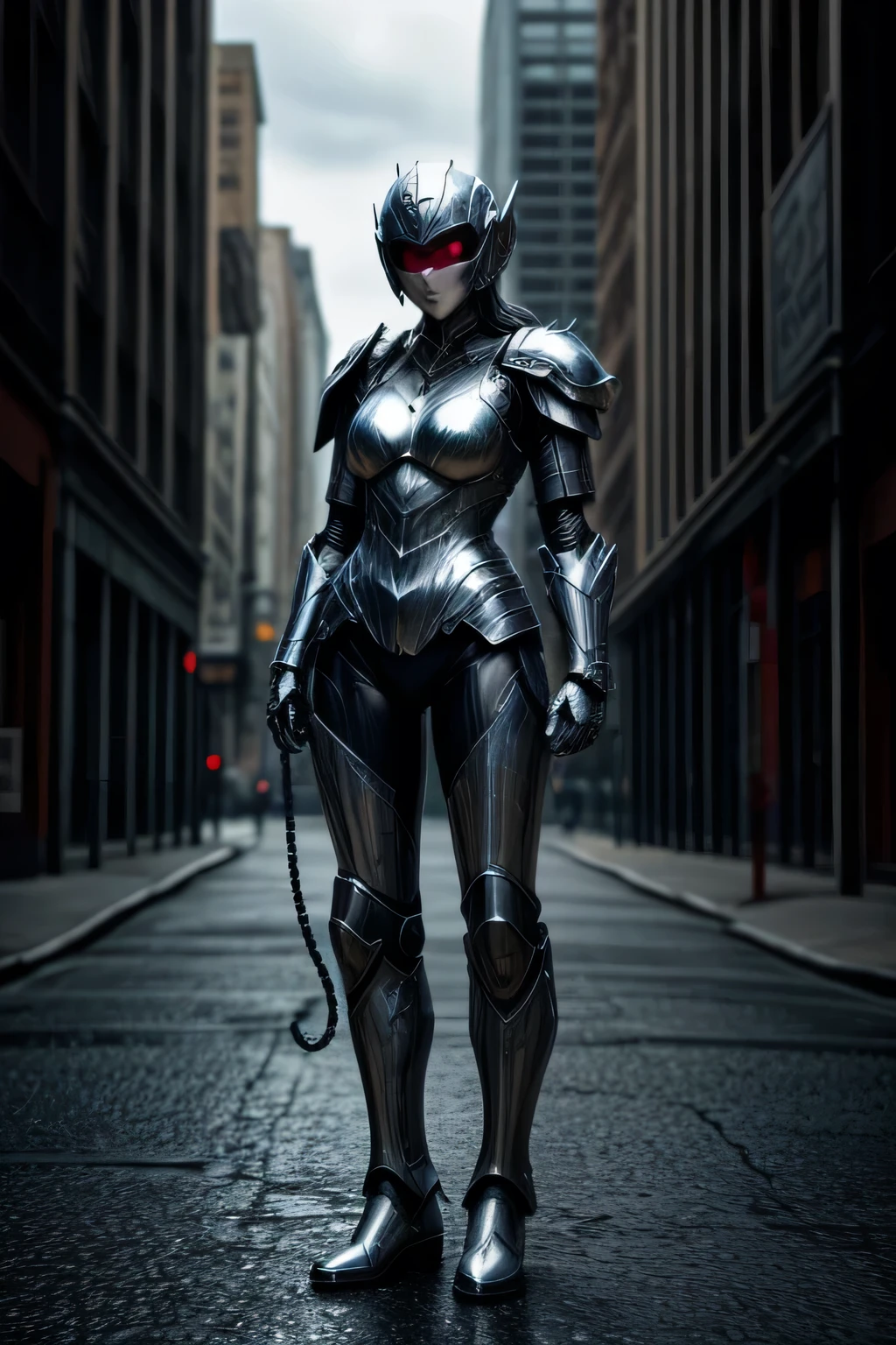 A female busty robot with blue metallic skin, BREAK red (chest armor:1.2), BREAK (silver beads of liquid metal on body:1.2), BREAK full body shot, future city, full face helmet
