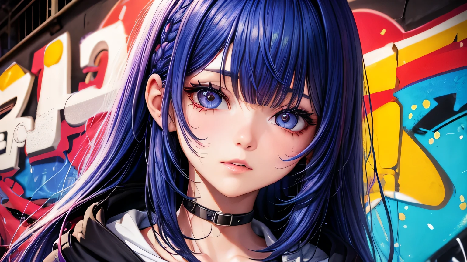 Cute girl,Colorful Hair, Cinema Lighting, Ultra-high resolution, Accurate, Super detailed, Textured skin, High detail, highest quality, 8k,Thin bangs, Detailed Hair,Focus on the face,Graffiti WallHIP-HOP Fashion,hoodie,Alley,