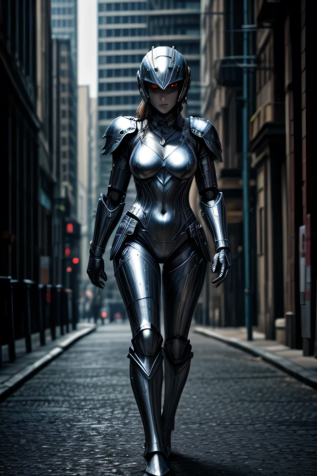 A female busty robot with blue metallic skin, BREAK red (chest armor:1.2), BREAK (silver beads of liquid metal on body:1.2), BREAK full body shot, future city, full face helmet