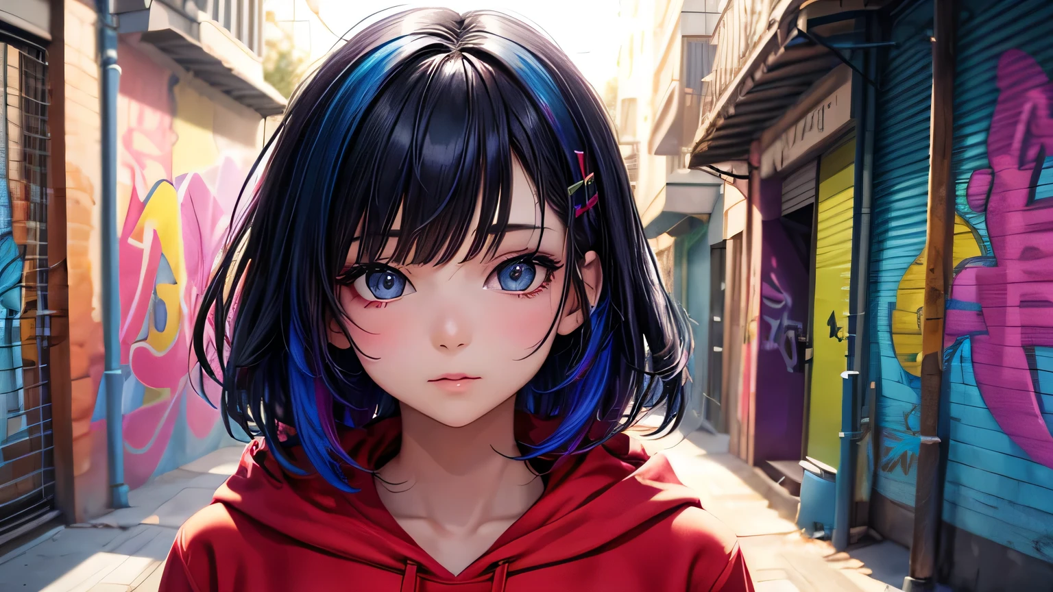 Cute girl,Colorful Hair, Cinema Lighting, Ultra-high resolution, Accurate, Super detailed, Textured skin, High detail, highest quality, 8k,Thin bangs, Detailed Hair,Focus on the face,Graffiti WallHIP-HOP Fashion,hoodie,Alley,