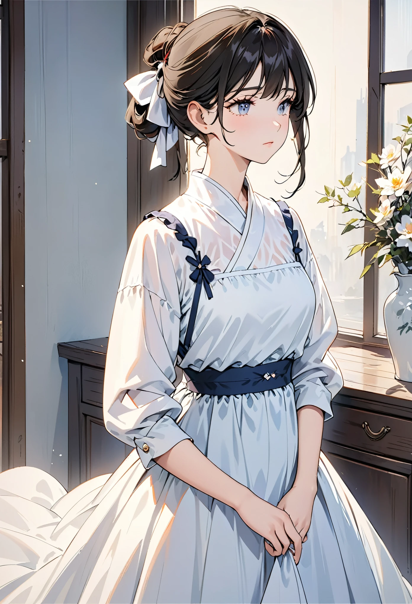 Anime girl in a blue dress standing in front of a window - SeaArt AI