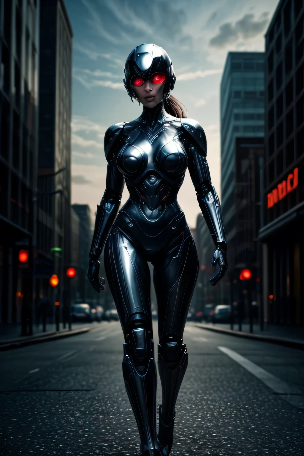 a female cyborg with shiny black metallic skin, large breasts, full body shot, futuristic cityscape background, wearing a full face helmet, highly detailed, 8k, cinematic lighting, photorealistic, intricate details
