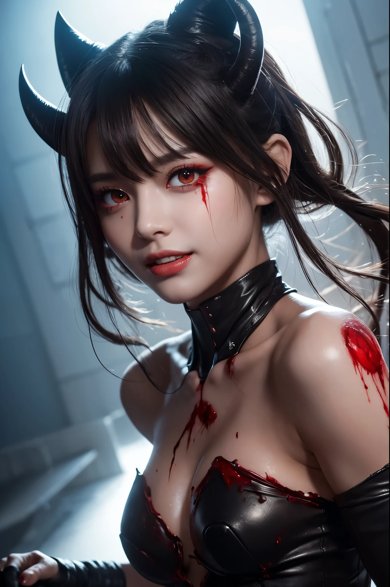 8K,A demon of the abyss with large, wild fangs.,Devil horns,Scary face,Strong and bulging muscles,Strong Macho,Tattered Gauntlets,Strong and big fist,Bright Red Eyes,Abyssal Land,Perfect Anatomy,charm,Volume measurement,Body balance,Digital single-lens reflex camera, Soft lighting, Detailed Background, Written boundary depth, Volumetric lighting, Sharp focus, Absurd, Realistic proportions, Excellent anatomy, (Realistic, 超Realistic:1.4), 16K HDR, dawn,A High Resolution,super Realistic 肌,Super beautiful expression,Fantasy art,Character Art,Wind effects:1.9、Cloud Effect:1.2、Full Rendering、Professional quality high resolution、Perfect contrast、Perfect lighting、Perfect composition、Perfect Skin、Perfect Fingers、Perfect breasts、Perfect Hair、Perfect Face、Realistic facial features,super highest quality,Slim figure,Perfect body line,Perfect hand shape,Anatomical body balance,Highly detailed face,Highly detailed eyes,Beautiful Lips,Excellent light particles,Cinema Lighting,Makeup,Ultra-high resolution,Ultra-Realistic Skin,Dynamic pose,Bright Red Eyes,Bathing the whole body with blood,Pump Up,Beastly smile,Sharp Eyes,Bloody,Blood splattered on face,rage,Expression distorted with anger,