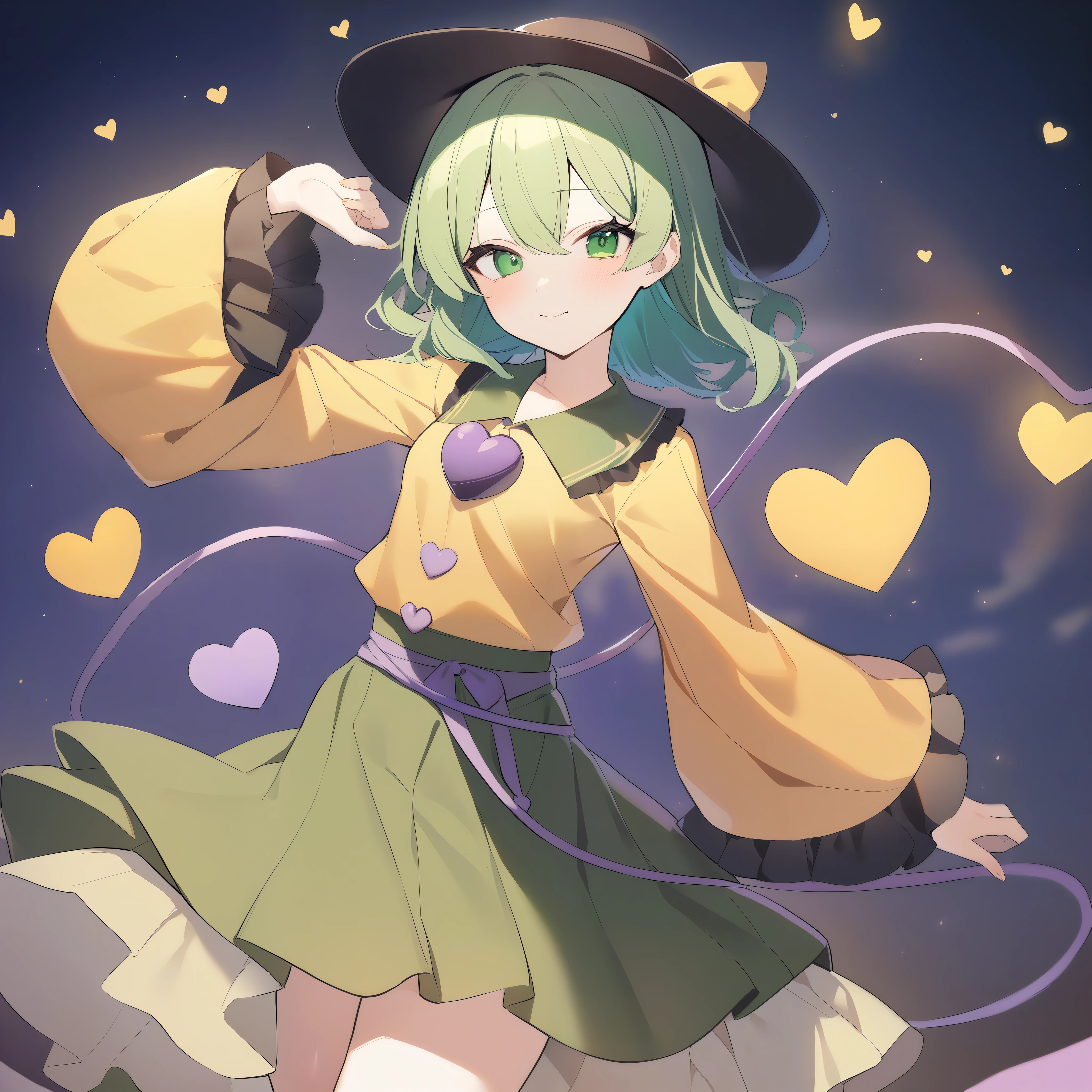 masterpiece,highest quality,koishi_East, komeiji_koishi_East, 1 of 1 girls,,length_sleeve, wide_sleeve, yellow_shirt, heart_of_string, green_skirt,Idol