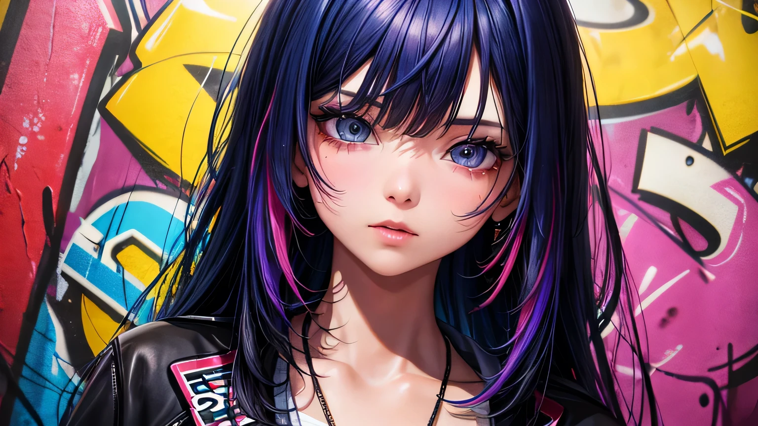 Cute girl,Colorful Hair, Cinema Lighting, Ultra-high resolution, Accurate, Super detailed, Textured skin, High detail, highest quality, 8k,Thin bangs, Detailed Hair,Focus on the face,Graffiti WallHIP-HOP Fashion,Alley,