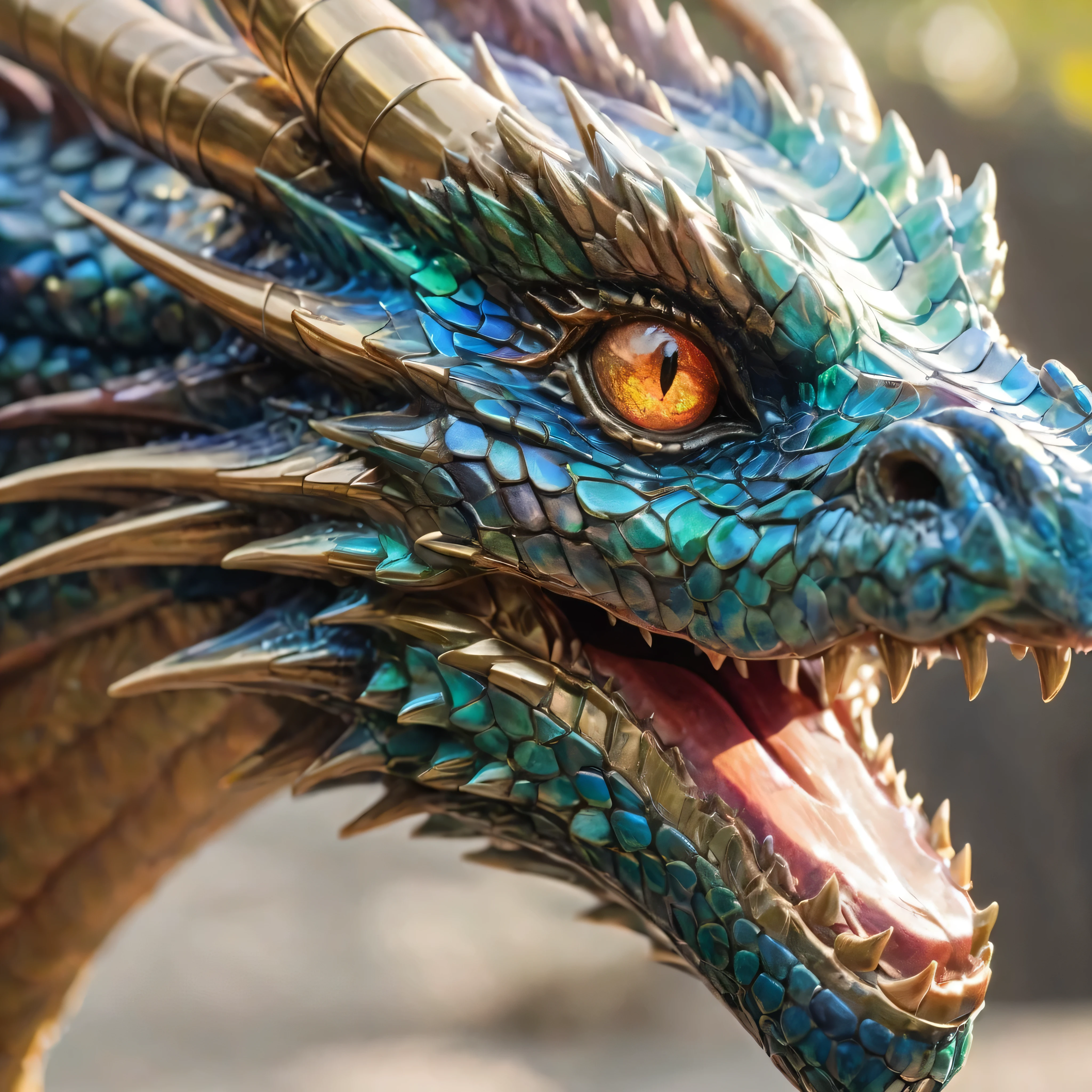 a close-up of the head of a magnificent, very detailed realistic dragon, its scales are like multi-colored glass. Her eyes are gorgeous and textured