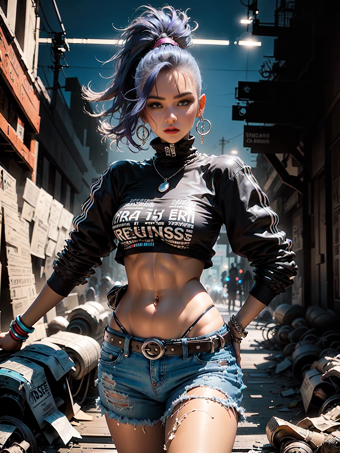 PERFECT MASTERPIECE, EXTREMELY DETAILED CG UNITY 32K UHD QUALITY RESOLUTION WALLPAPER, PHOTOREALISTIC, RAW PHOTO, PERFECT PHOTOGENIC CLARITY, OFFICIAL ART, AWARD-WINNING PORTRAIT, ULTRA HYPER-REALISTIC, ULTRA HYPER-DETAILED, SHINY REALISTIC SKIN, The most beautiful and sexy punk rock girl, very long black and rainbow colored hair in a crazy punk rock hairstyle, vibrant moonlight eyes, long detailed eyelashes, blushing, full pouting pink lips, curvy body type, full hips, tons of tattoos and piercings, super huge enormously gigantic tits, cleavage showing, gigantic tits bursting out of her shirt, wearing hoodie graphic t-shirt and torn skinny jeans, arching her back in a sexy seductive slutty pose, looking at the viewer, close up pov camera view from below, sexy seductive horny slutty facial expression, futuristic graffiti cyber City background.