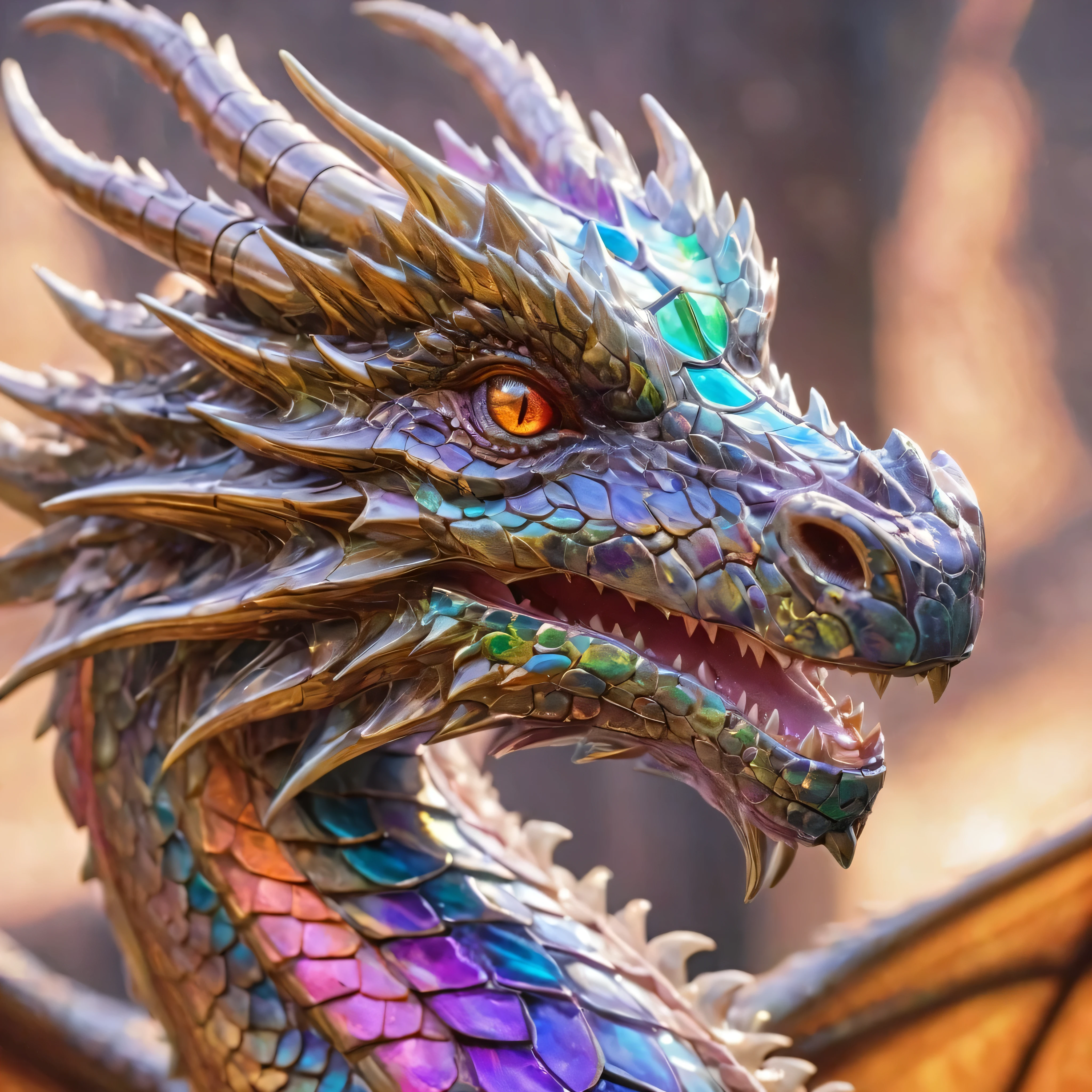 a close-up of the head of a magnificent, very detailed realistic dragon, its scales are like multi-colored glass. Her eyes are gorgeous and textured