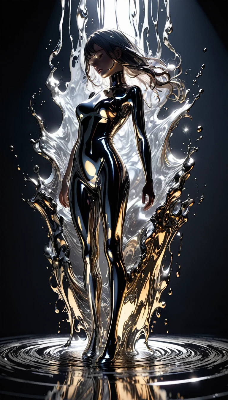 Fluid Metal, Forming a female body, Three-dimensional full-body image, liquid, Melting, Detailed metal texture, Gloss, reflection, shine, Surreal, BREAK Detailed and accurate shadows, dramatic cinematographic lighting, High contrast, High resolution, 16k, 