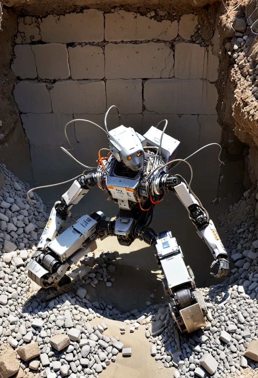 In the ruins after an earthquake, a small remote-controlled robot is using liquid metal arms to enter a narrow space for search and rescue. This arm can change its shape as needed, pass through gaps in gravel, and even wrap and stabilize fragile structures, safely removing obstacles to rescue trapped individuals. Liquid metals demonstrate their unique value and potential in the field of emergency rescue here, (masterpiece, best quality, Professional, perfect composition, very aesthetic, absurdres, ultra-detailed, intricate details:1.3)