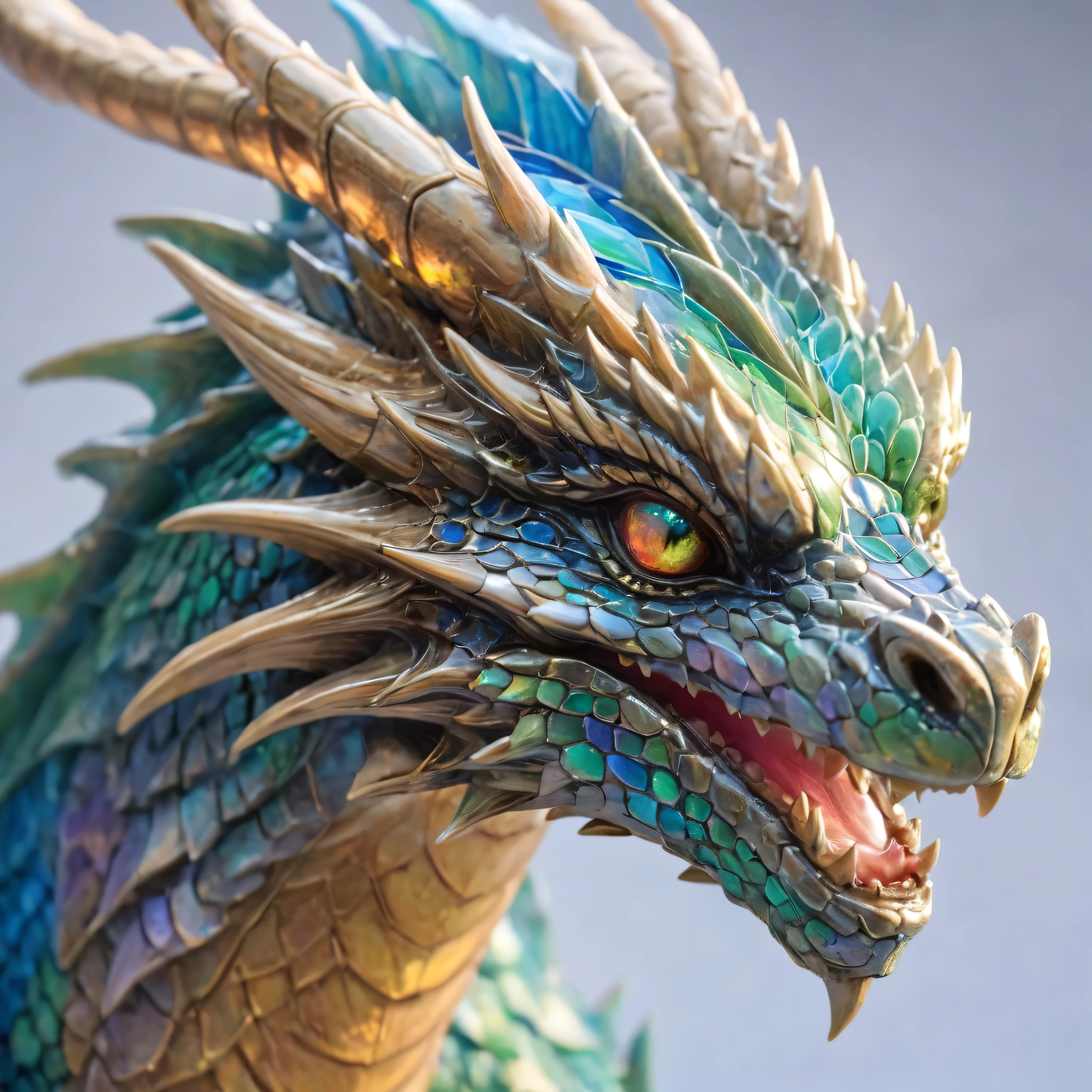 a close-up of the head of a magnificent, very detailed realistic dragon, its scales are like multi-colored glass. Her eyes are gorgeous and textured