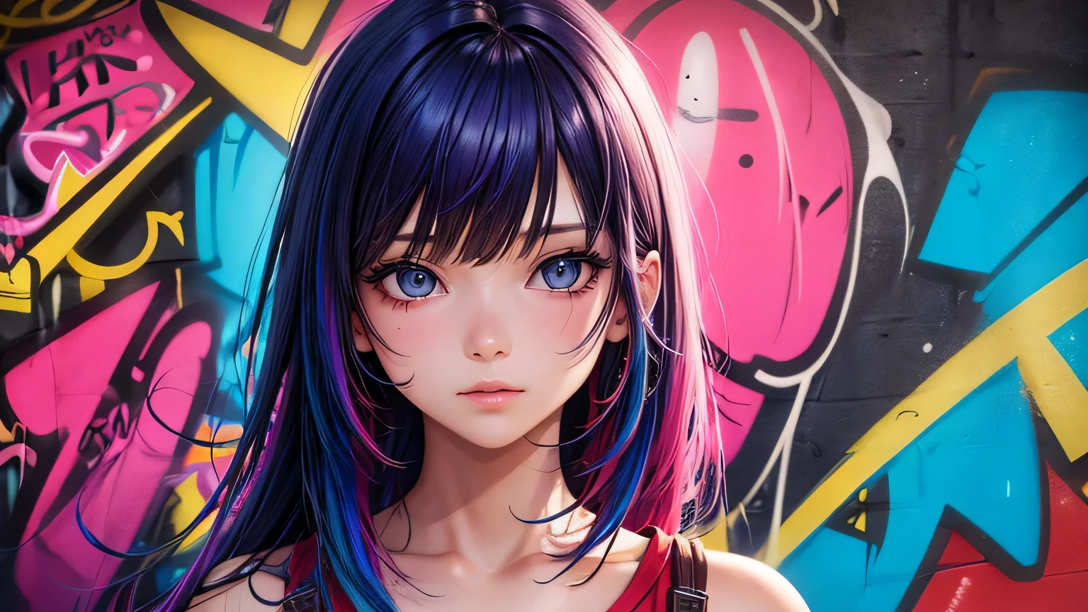 Cute girl,Colorful Hair, Cinema Lighting, Ultra-high resolution, Accurate, Super detailed, Textured skin, High detail, highest quality, 8k,Thin bangs, Detailed Hair,Focus on the face,Graffiti WallHIP-HOP Fashion,Alley,