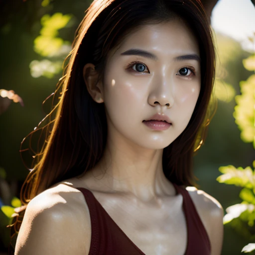 Thai woman, 25 years old, dark red tank top, Looking straight at you intently, ชนบทท้องฟ้ากลางคืนสว่างWarm light,) Warm light,) professional lighting, Sony A7R4, 50mm sessile lens. Warm light ถ่ายด้วยกล้องคุณภาพสูง 45,000,000,000,Pixels, realistic light colors,