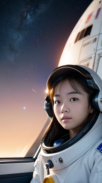 (8k, RAW photo, best quality, masterpiece:1.2), High detail RAW color photo, professional photograph, (realistic, photo realistic:1.37), ((best quality)),A beautiful japanese girl piloting an interplanetary space shuttle rocket,outer space, cockpit like a set from a science fiction movie,((the girl is 16 years old)),planets visible outside the window,