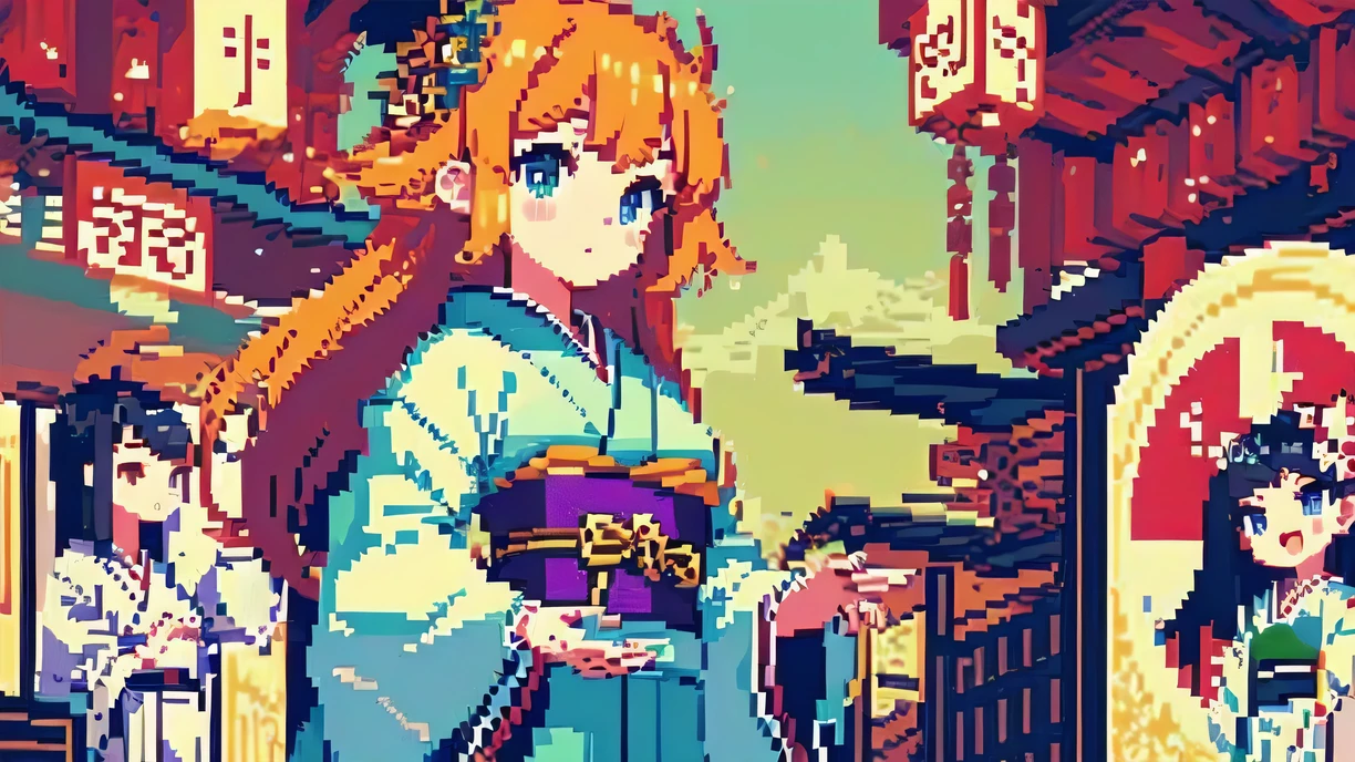 Pixel art,(((masterpiece,highest quality,pixel,Pixel Art))),One beautiful girl,Orange Hair,Long Hair,(Japanese style:1.4),princess,(Healing),Moe sleeves