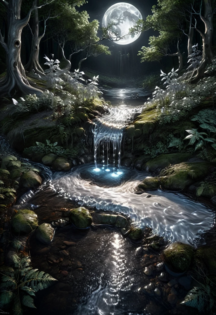 In the depths of a dark forest, a small stream made of liquid metal flows quietly, with moonlight falling on it, causing the flowing silver waves to shimmer with a mysterious and cold radiance. The stream seems to contain ancient wisdom, guiding lost travelers through the forest to reach the unknown fantasy land, (masterpiece, best quality, Professional, perfect composition, very aesthetic, absurdres, ultra-detailed, intricate details:1.3)