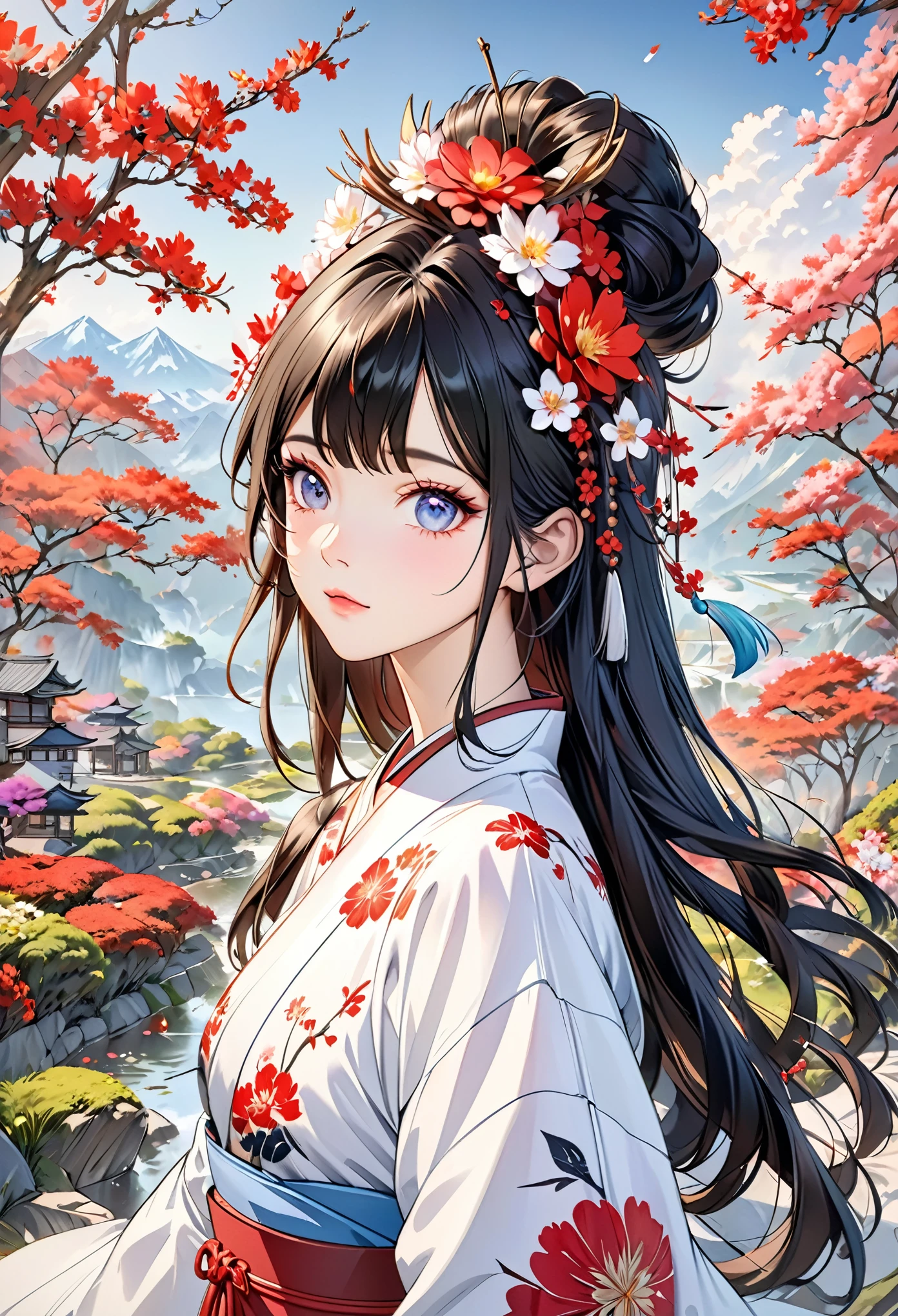 Wearing kimono、Arafi women wearing flowers on their heads, Beautiful digital artwork, Beautiful digital illustration, Beautiful Numbers, Gorgeous numbers, Artwork in the style of Guweiz, Realistic anime girl rendering, Smooth anime CG art, Beautiful digital art, Great digital art and detail, Stunning digital illustrations, Detailed digital animation art, April Rendering, Beautiful anime portrait