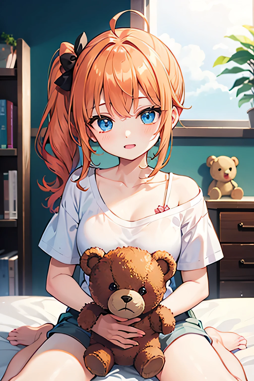 masterpiece、highest quality、detailed、Perfect Face、Perfect Fingers、1 person、Dark orange hair、Side Ponytail、Ahoge、Blue Eyes、hairpin、T-Shirts、Off the shoulder、Hold a teddy bear、Inside the room、wariza