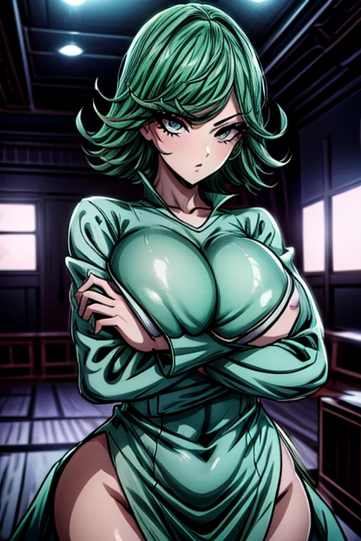 absurdos, high resolution, ultra detalhado, tatsumaki, cabelo verde curto, cabelo encaracolado, vestido preto, mangas compridas, ao ar livre, grama, crossed arms, De baixo, desviando o olhar, olhos fechados, big breasts, beautiful detailed eyes, beautiful detailed lips, extremely detailed face and eyes, long eyelashes, photorealistic, 8k, high quality, masterpiece, studio lighting, vivid colors, professional, hyper detailed, realistic, character portrait