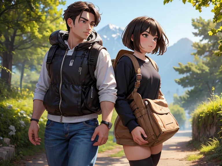 masterpiece; Style: daily; necessary background: Nature of Russia, middle lane, random landscape; обязательный Style одежды: sweatshirt, jeans, hiking boots, fingerless gloves, backpack; Characters: 1 effeminate guy and 1 muscular girl(sexy look)(quite capable of walking half naked) (absolute similarity(twins)) Brother and sister, very tousled brown tousled hair, Brown eyes, round beautiful face, muscular proportional athletic trained body, trained arms and legs, Graceful fingers, aesthetic proportional small wide nose, plump lips; aesthetic completeness, perfect face; Free standing pose, Interaction with each other; many small details, Intricate details; high quality textures, high detail, realistic human anatomy, realistic textures, daylight, increased image clarity