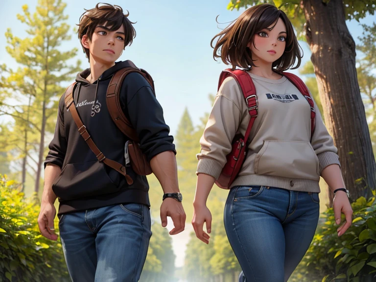masterpiece; Style: daily; necessary background: Nature of Russia, middle lane, random landscape; обязательный Style одежды: sweatshirt, jeans, hiking boots, fingerless gloves, backpack; Characters: 1 effeminate guy and 1 muscular girl(sexy look)(quite capable of walking half naked) (absolute similarity(twins)) Brother and sister, very tousled brown tousled hair, Brown eyes, round beautiful face, muscular proportional athletic trained body, trained arms and legs, Graceful fingers, aesthetic proportional small wide nose, plump lips; aesthetic completeness, perfect face; Free standing pose, Interaction with each other; many small details, Intricate details; high quality textures, high detail, realistic human anatomy, realistic textures, daylight, increased image clarity