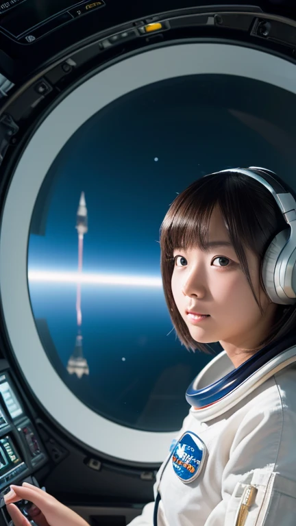 (8k, RAW photo, best quality, masterpiece:1.2), High detail RAW color photo, professional photograph, (realistic, photo realistic:1.37), ((best quality)),A beautiful japanese girl piloting an interplanetary space shuttle rocket,outer space, cockpit like a set from a science fiction movie,((the girl is )),planets visible outside the window,