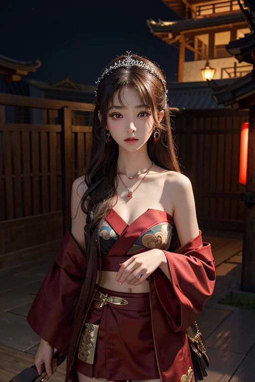 、woman、whole body、Evil Face, Red eyes, Iris,Brown Hair、yukata、mini skirt、Long Hair、whole body、Shoulders stick out、tiara、Earrings、necklace、Temple of Athena