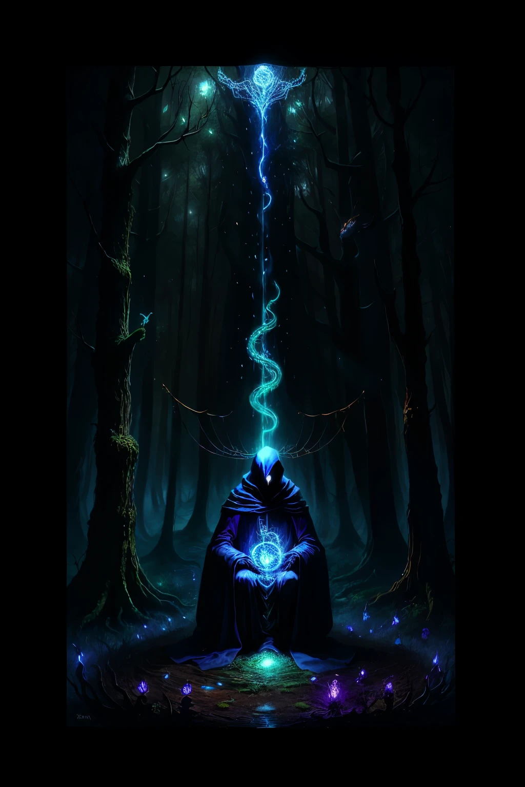 Create a character cloaked in a dark, sinister aura, emanating powers of venom. In a star-studded midnight forest, this enigmatic figure is accompanied by an array of creatures: a scorpion, perched menacingly on their shoulder; a bee, hovering nearby, its iridescent wings flickering like silver; a frog, resting on a mossy log, its eyes gleaming with a strange, luminescentlight; a spider, spinning her delicate web among the trees; a serpent, coiled around the base of a mighty oak, its scales shimmering with an unnatural sheen. Each creature, an ominous symbol, serves