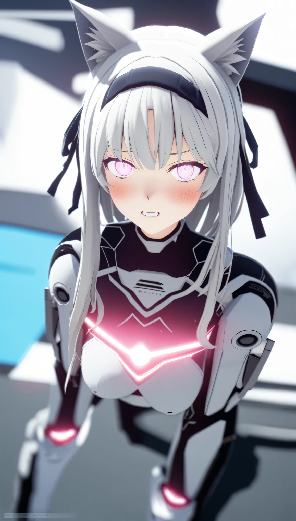 white hair, hightech battlesuit from old centuries and wearing a smilar type clothings, full body, standing on ground, a random pose, hair ribbon, hairband, long ribbon, eye reflection, glowing eyes, real cat ears, awkward grin, embarrassed, blush, anime, depth of field, cinematic lighting, god rays, bloom, backlighting, UHD, retina, UHD, 8k, 16k, 4K, HD, 1080P, ccurate, anatomically correct, best quality, highres, high details