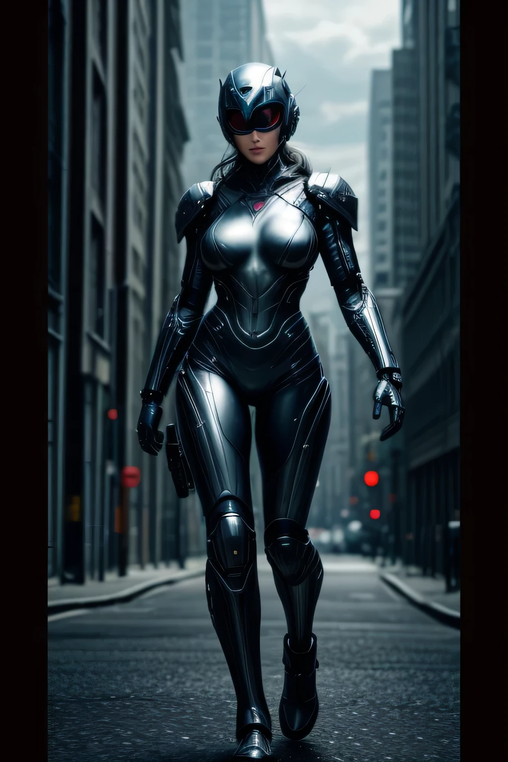 a female cyborg with shiny black liquid metal skin, large breasts, full body shot, futuristic cityscape background, wearing a full face helmet, highly detailed, 8k, cinematic lighting, photorealistic, intricate details, action pose