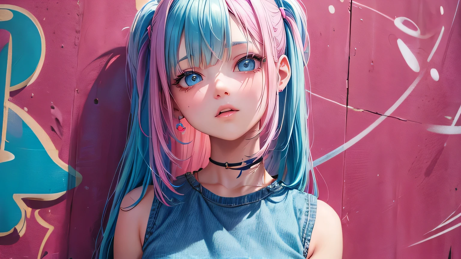 Cute girl,Pink and light blue hair, Cinema Lighting, Ultra-high resolution, Accurate, Super detailed, Textured skin, High detail, highest quality, 8k,Thin bangs, Detailed Hair,Focus on the face,Graffiti WallHIP-HOP Fashion,Lost jeans,Alley,