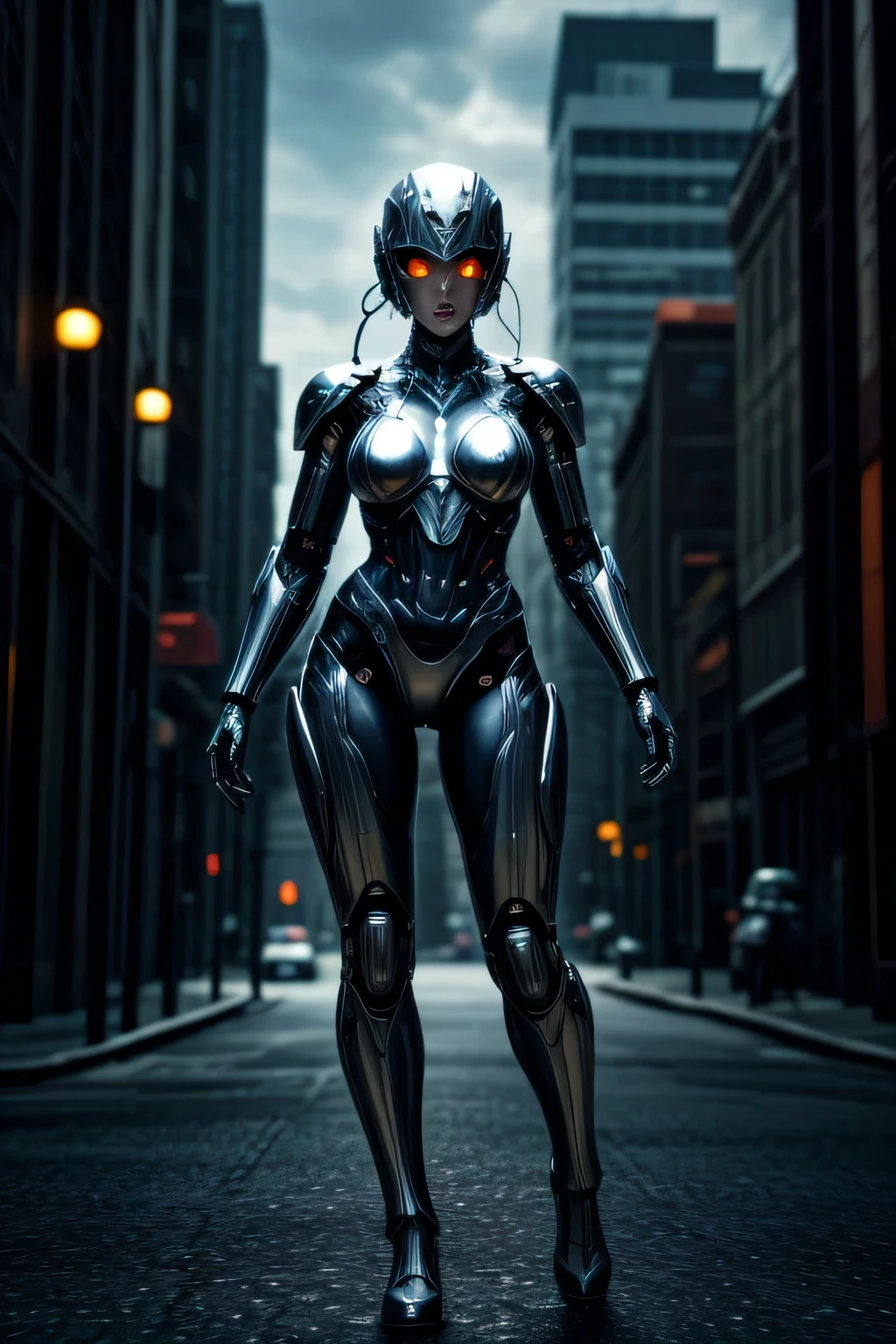 a female cyborg with shiny silver liquid metal skin, large , full body shot, futuristic cityscape background, wearing a full face helmet, highly detailed, 8k, cinematic lighting, photorealistic, intricate details, action pose