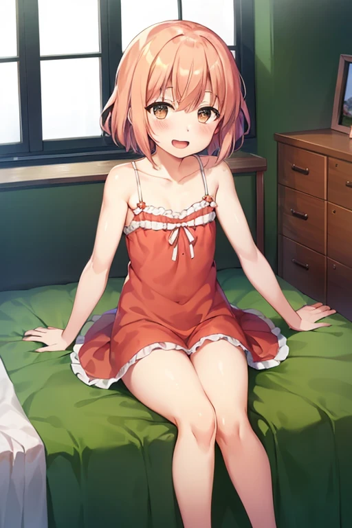 ((highest quality)), ((masterpiece)), (be familiar with), Perfect Face, indoor, Bedroom, Watching the audience,
One woman, Yuigahama Yui,
Open Mouth, Ecstatic expression, blush, smile,
Small breasts, Flat Chest, Young Girl, , , Girl,
Short Hair, Salmon-colored hair, Salmon-colored eyes, Side Pony,
Leg spread,