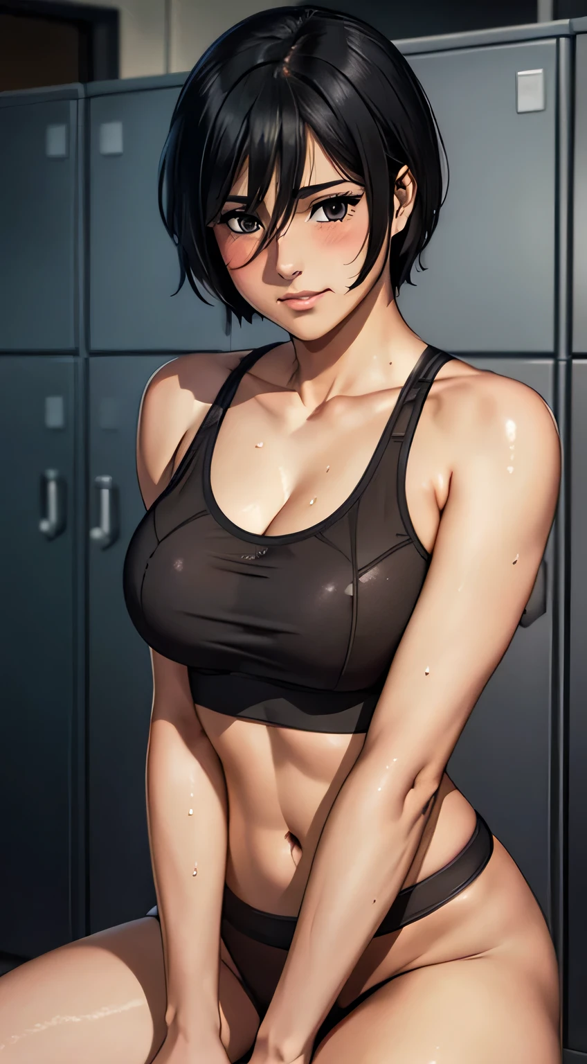 (best quality:1.3), (4k quality), Mikasa, ((Detailed face)), (blush), Mikasa, black short hair, grey eyes, ((detailed face)), perfect face, highly detailed eyes, masterpiece, absurdres , (intricate details), (colorful),cinematic lighting,extremely detailed CG unity 8k wallpaper , 1girl, solo,mature female,  looking at viewer, wet body, erected tits, sports bra, sports thong, locker room, kneeling with spread legs and touching her tits, naughty smile, from behind