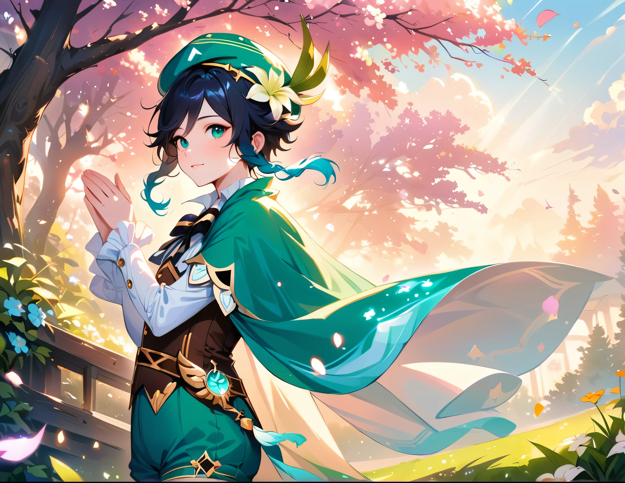 (best quality,4k,8k,highres,masterpiece:1.2),1boy,venti genshin impact,male focus,flat chest,ultra-detailed,realistic,morning of spring,sunlight reflection,delicate light rays,rich color palette,elegant curves,effects of light and shadow,subtle reflections,sparkling gemstones,flower petals falling,springtime essence,ethereal atmosphere,peaceful garden background,morning dew,soft sunlight filtering through trees,plants,komorebi,vividly colored blossoms,harmonious blend of nature and art,transcendent beauty,awe-inspiring artwork,white long-sleeved shirt, brown corset,green shorts, white tights,green cape,hat,brooch,green eyes,