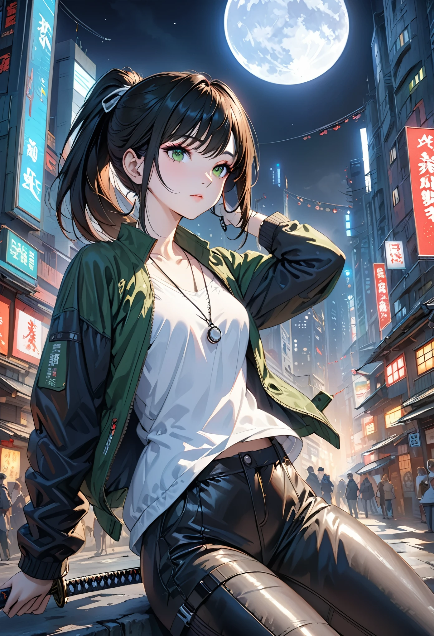 (masterpiece, best quality, 8K, Clear focus, Depth of Field, Best shadow, Perfect lighting, HDR, Realistic skin texture, Ultra detailed background), Anime style, Long angle shot, ((Cyberpunk theme)), Solitary, 1 female, she is a mercenary, (Green Eyes, White skin, Black Hair,Ponytail, Necklace, Small Breasts, Slim, cosmetic, Eyeliner, Gloss), She is working in a futuristic Korean city, Grip the technical katana, night, Sky, waning moon, Wearing a nice technical jacket and leather pants.