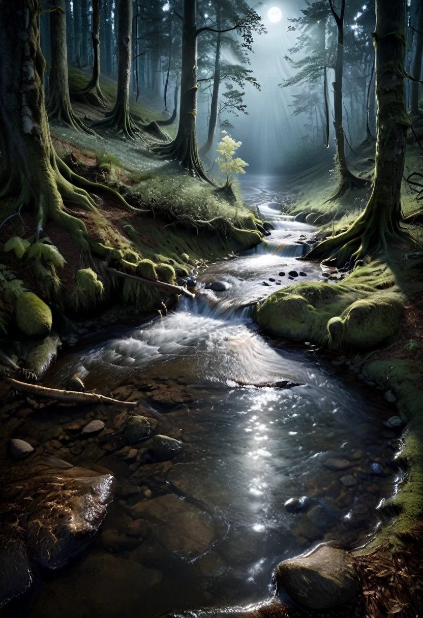 In the depths of a dark forest, a small stream made of liquid metal flows quietly, with moonlight falling on it, causing the flowing silver waves to shimmer with a mysterious and cold radiance. The stream seems to contain ancient wisdom, guiding lost travelers through the forest to reach the unknown fantasy land, (masterpiece, best quality, Professional, perfect composition, very aesthetic, absurdres, ultra-detailed, intricate details:1.3)