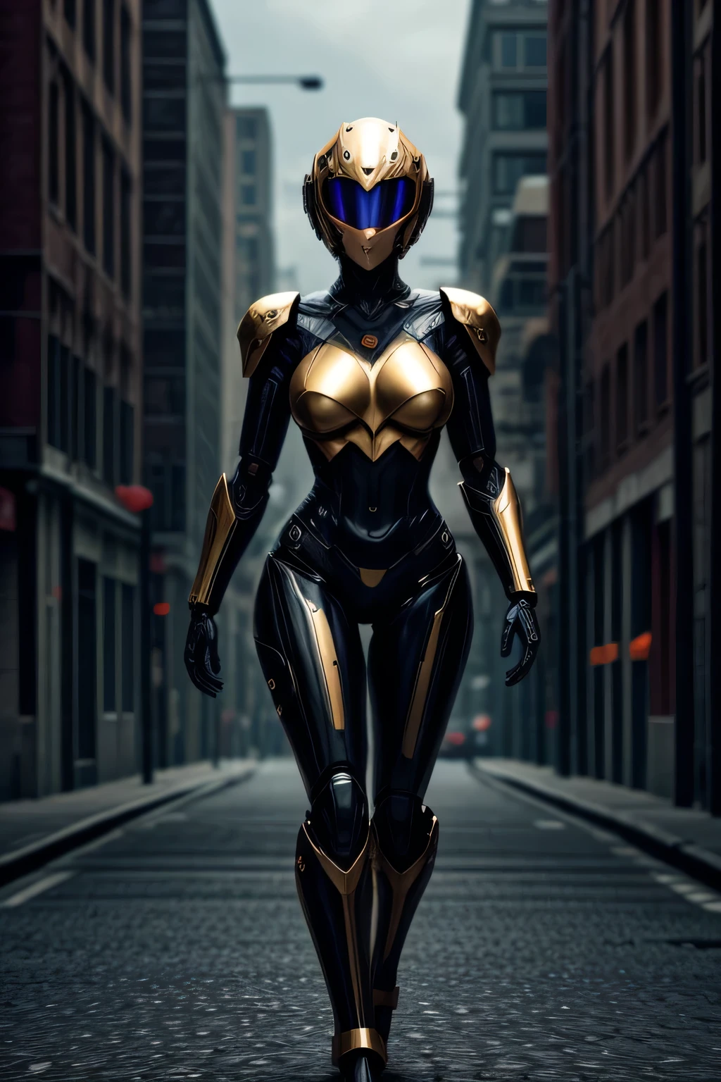 a female robot with shiny gold liquid metal skin, large breasts, full body shot, futuristic cityscape background, wearing a full face helmet, highly detailed, 8k, cinematic lighting, photorealistic, intricate details, action pose