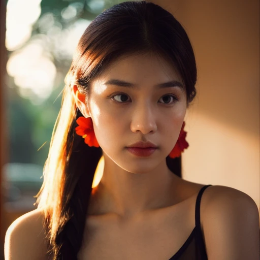 Thai woman, 25 years old, long ponytail flowing up, dark red tank top, Looking straight at you intently, with red flowers, ชนบทท้องฟ้ากลางคืนสว่างWarm light,) Warm light,) professional lighting, Sony A7R4, 50mm sessile lens. Warm light ถ่ายด้วยกล้องคุณภาพสูง 45,000,000,000,Pixels, realistic light colors,