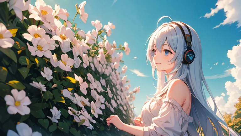 A beautiful anime woman with a bright smile, her hair swaying in the gentle breeze as she listens to her favorite music in a peaceful meadow. The sun shines down on her, casting a warm glow on her relaxed and content expression.