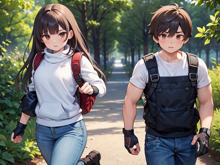 masterpiece; Style: daily; necessary background: Nature of Russia, middle lane, random landscape; обязательный Style одежды: sweatshirt, jeans, hiking boots, fingerless gloves, backpack; Characters: 1 effeminate guy(defenseless look) and 1 muscular girl(sexy look)(quite capable of walking half naked) (absolute similarity(twins)) Brother and sister, very tousled brown tousled hair, Brown eyes, round beautiful face, muscular proportional athletic trained body, trained arms and legs, Graceful fingers, aesthetic proportional small wide nose, plump lips; aesthetic completeness, perfect face; Free standing pose, Interaction with each other; many small details, Intricate details; high quality textures, high detail, realistic human anatomy, realistic textures, daylight, increased image clarity