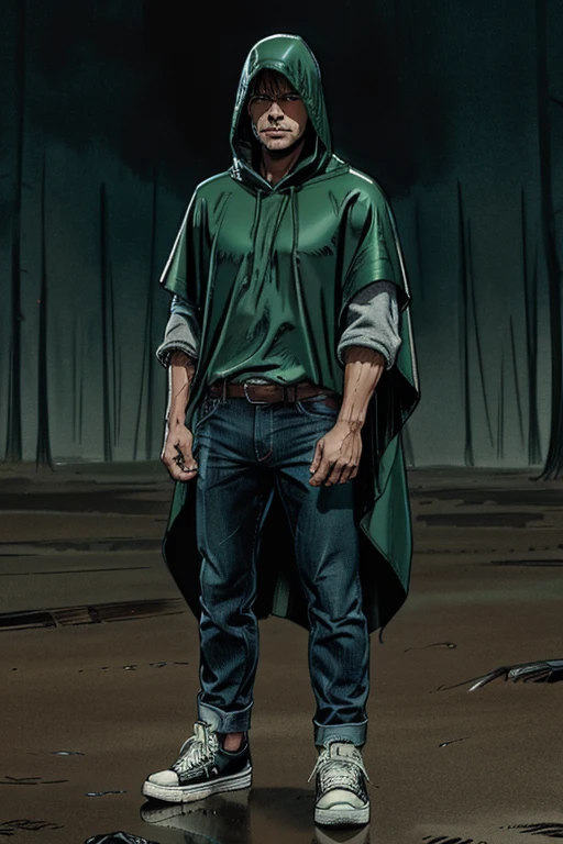 Man in Hooded poncho poncho poncho Closed Raincoat Color: Green and darkened face cap and jeans and converse sneakers Heroic Presence Serious and strong pose Rolled-up sleeves